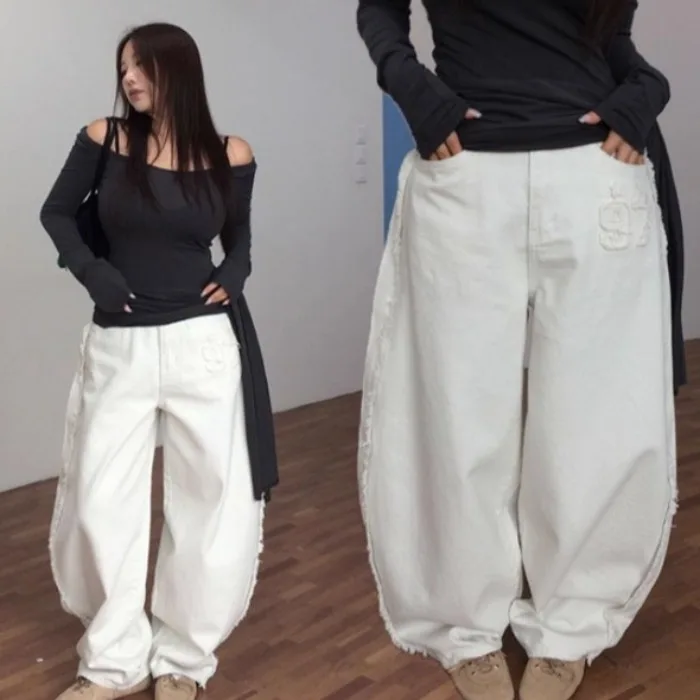 

Casual High Waist Jeans Letter Design Fleece Brushed All-Match Loose Fit Women's Denim Pants Cotton 100% Four Seasons