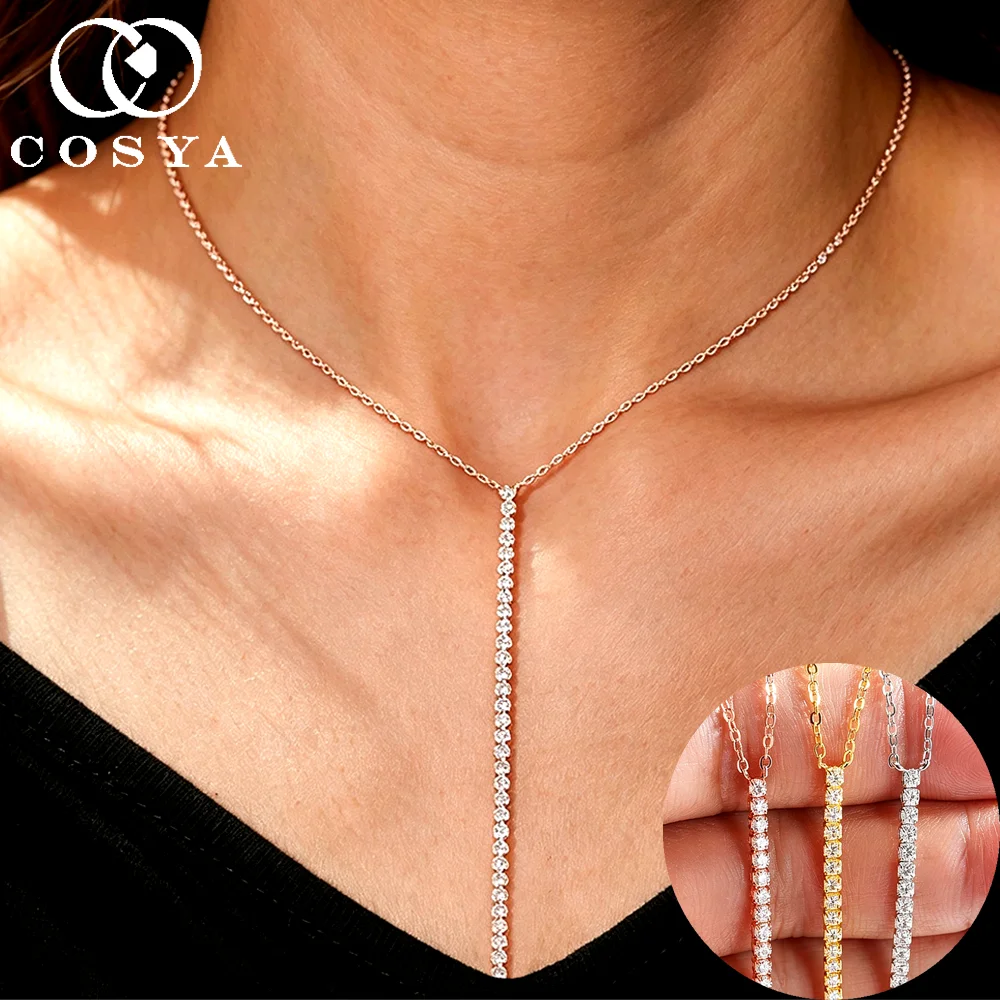 COSYA 2mm Moissanite Long Tennis Necklace for Women S925 Silver Plated 18K Rose Gold D Sparkling Pendant Y Chain Fine Jewelry