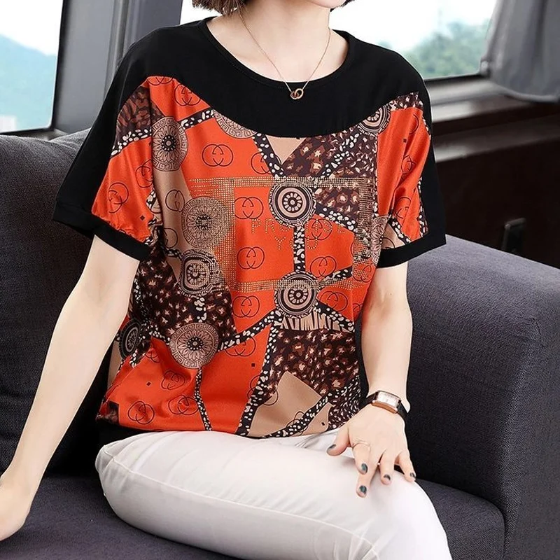 Summer New Thin Printing Loose T Shirt Tops Short Sleeve Round Neck All-match Pullovers Casual Fashion Women Clothing