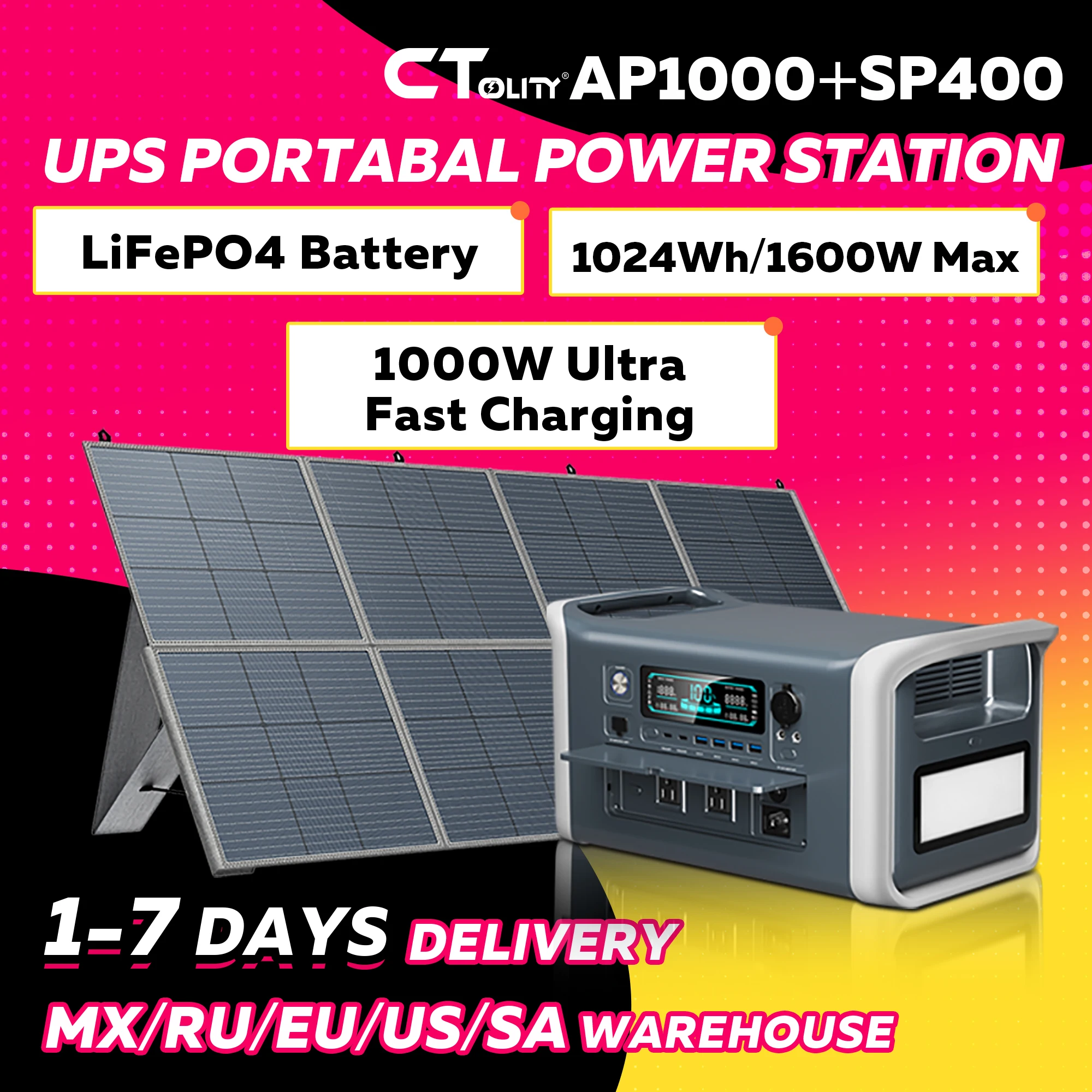 

Портативная электростанция CTOLITY 1600W с солнечной панелью 400W, складная, 1024Wh, 320Ah, LiFePO4 аккумулятор, солнечный генератор для дома и улицы