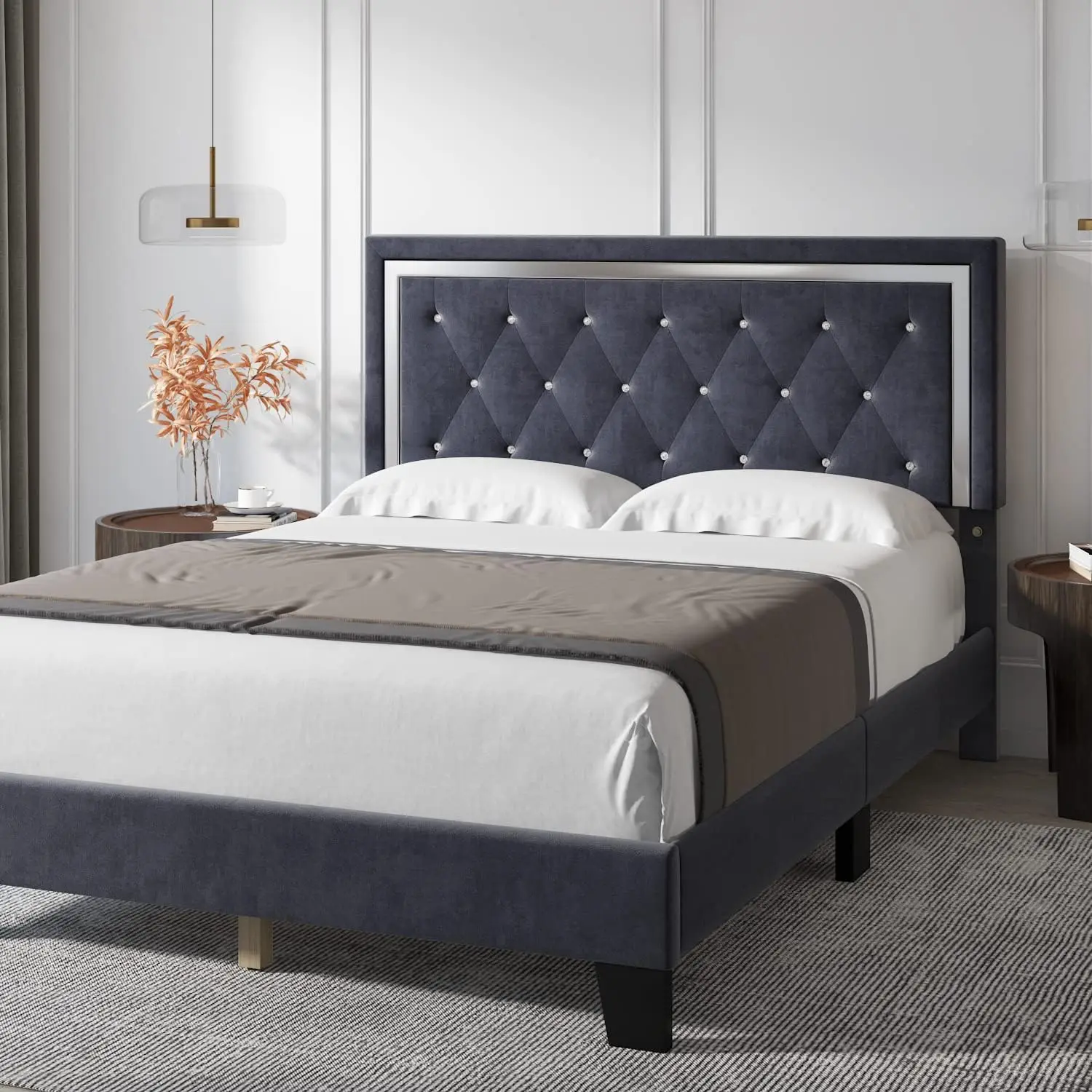 Completa Estofados Plataforma Cama Frame, Moderna Cabeceira Ajustável, Diamante Tufted Fundação Colchão com Madeira