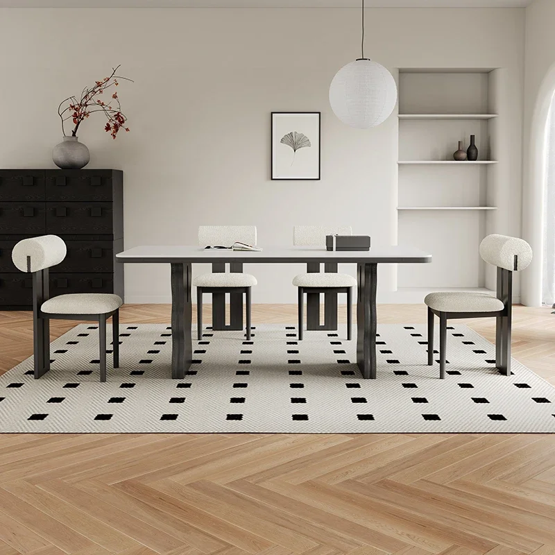 خشب متين من العصور الوسطى، طاولة طعام فاخرة خفيفة، طاولة طعام مستطيلة على الطراز الفرنسي، طاولة طعام من بلاطة الصخور البيضاء #3