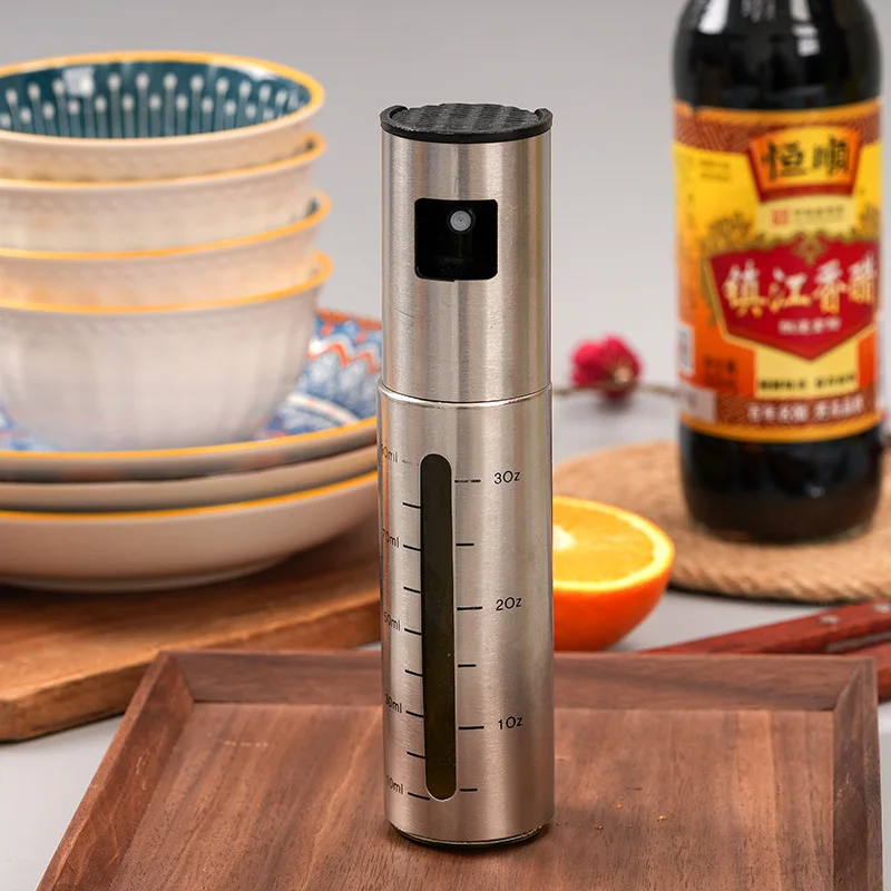 1pc 100mL Glass+Stainless Steel Spray Bottle with Scale Vinegar Soy Sauce Oil Barbecue Salad Air Fryer Household Kitchen Tools