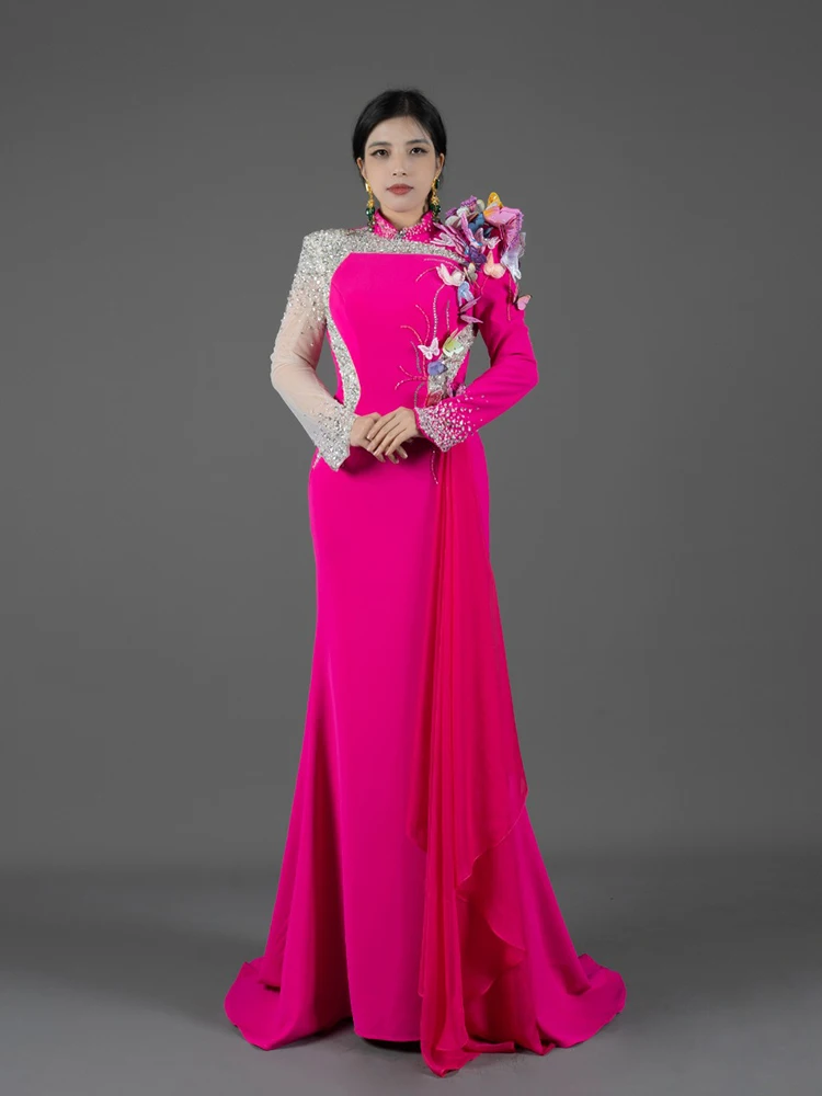 

Luxury Evening Dress for Women Custom Elegant Gown 3d Flower Decor Dress With Side Flutter Sleeves T15