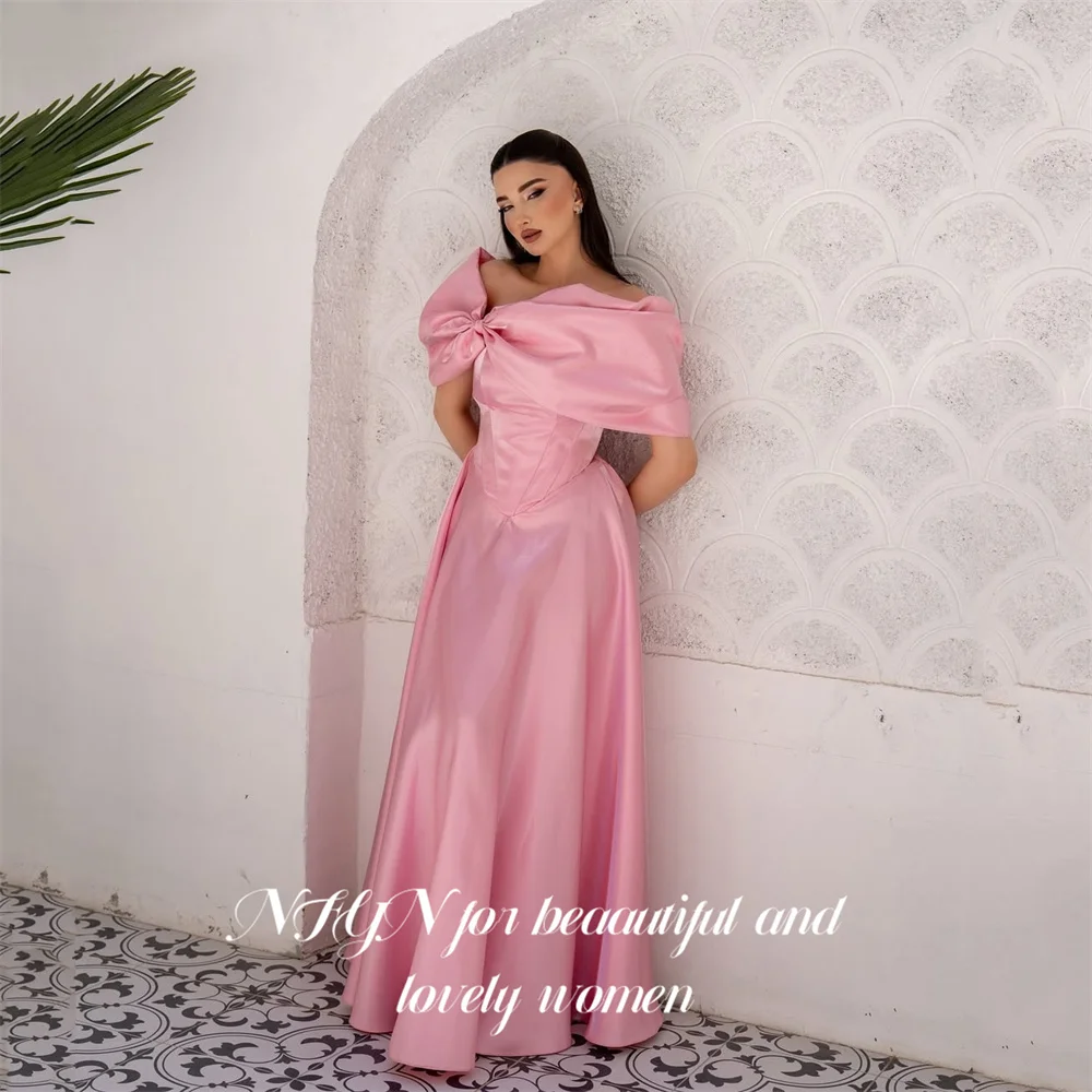 

NFYN Pink Romantic Party Dresses Satin A Line Night Dresses Off Shoulder Prom Dress for Woman with Floor Length 프롬 드레스