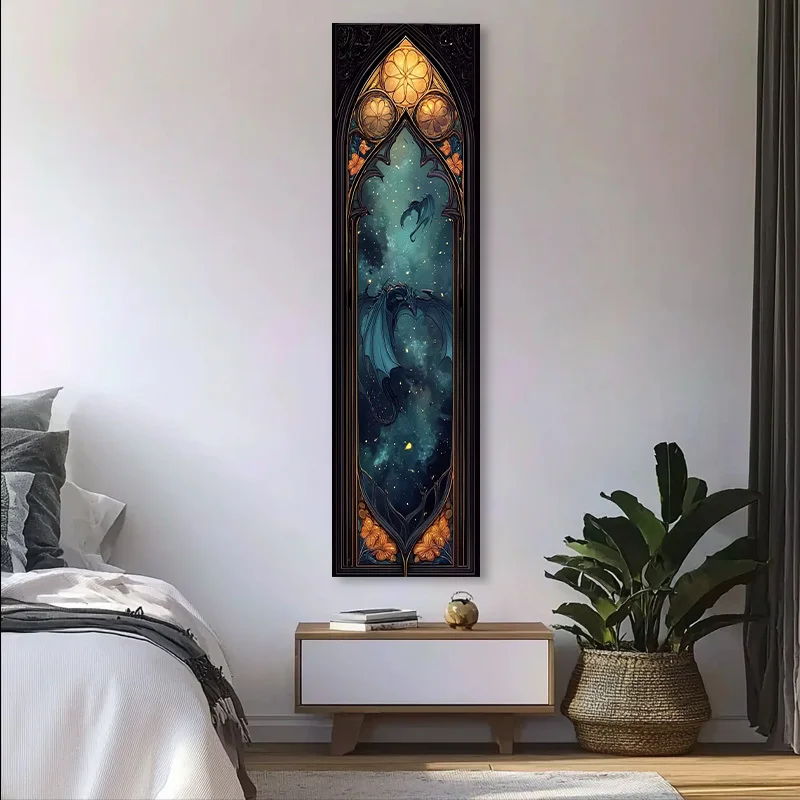 150x40cm Gothic Church Window Dragon Starry Sky Floral Frame Vertical Long Tapestry Dark Fantasy Medieval Cosmic Galaxy Narrow