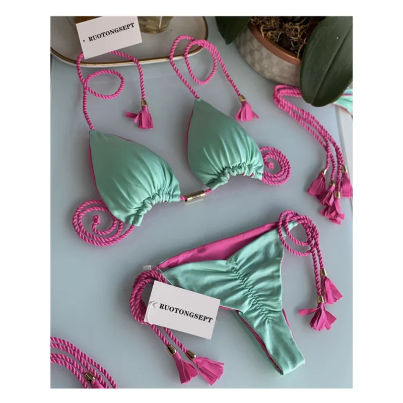 Kobiety Seksowne Bikini Stringi Bandaż Strój Kąpielowy Push Up Bikini Zestaw Różowy Halter Strój Kąpielowy Damski Letni Strój Plażowy 2-częściowy Strój Kąpielowy