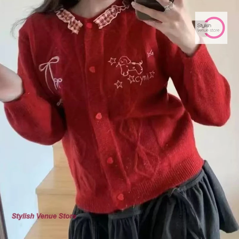 

French cute puppy embroidered butterfly love button round neck sweater women's autumn and winter sweet loose knit cardigan coat.