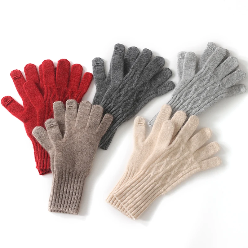 

Женские перчатки из 100% кашемира, вязаные вручную, с сенсорным экраном, с отверстием для пальцев, зима-осень, теплые классические перчатки до запястья, женские варежки
