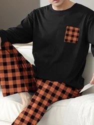 Two piece sets men's pajamas autumn and winter long sleeved pants checkered sleepwear set