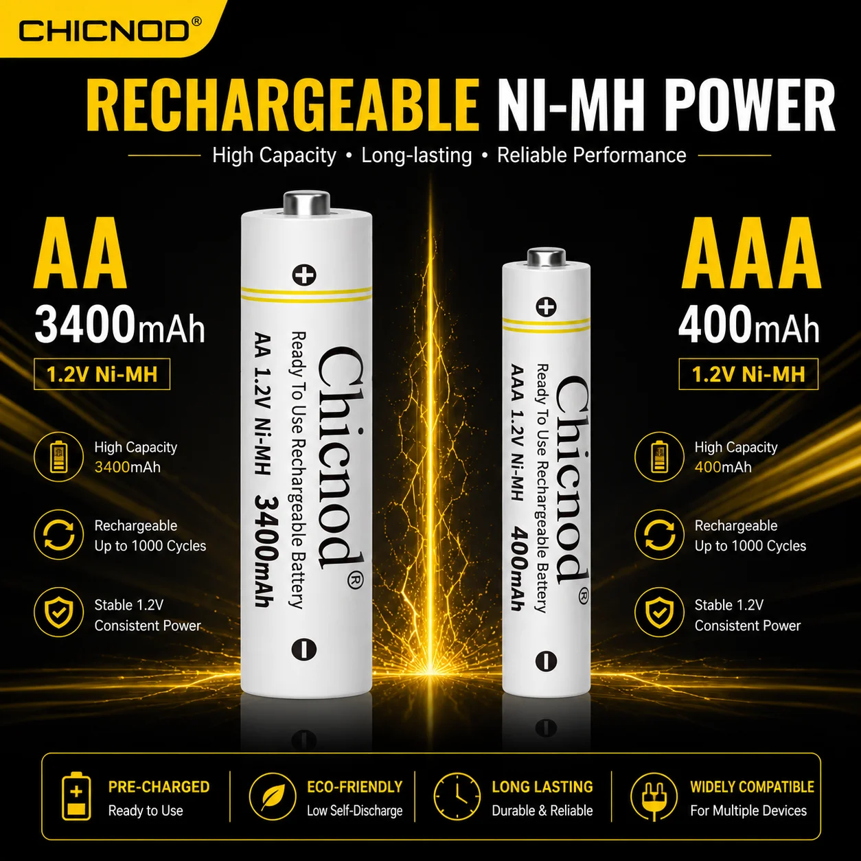 CHICNOD AA AAA Rechargeable Ni-MH Batteries 1.2V 3400mAh 400mAh High Capacity Battery Pack 2/4/8/12/16/20/24PCS for Devices