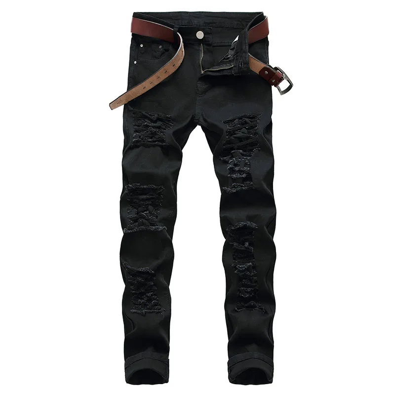 

New Black Straight Hole Destruction Trousers Distressed Jeans Men Fashion Designer Stretch Casual Denim Pants Male Large Size