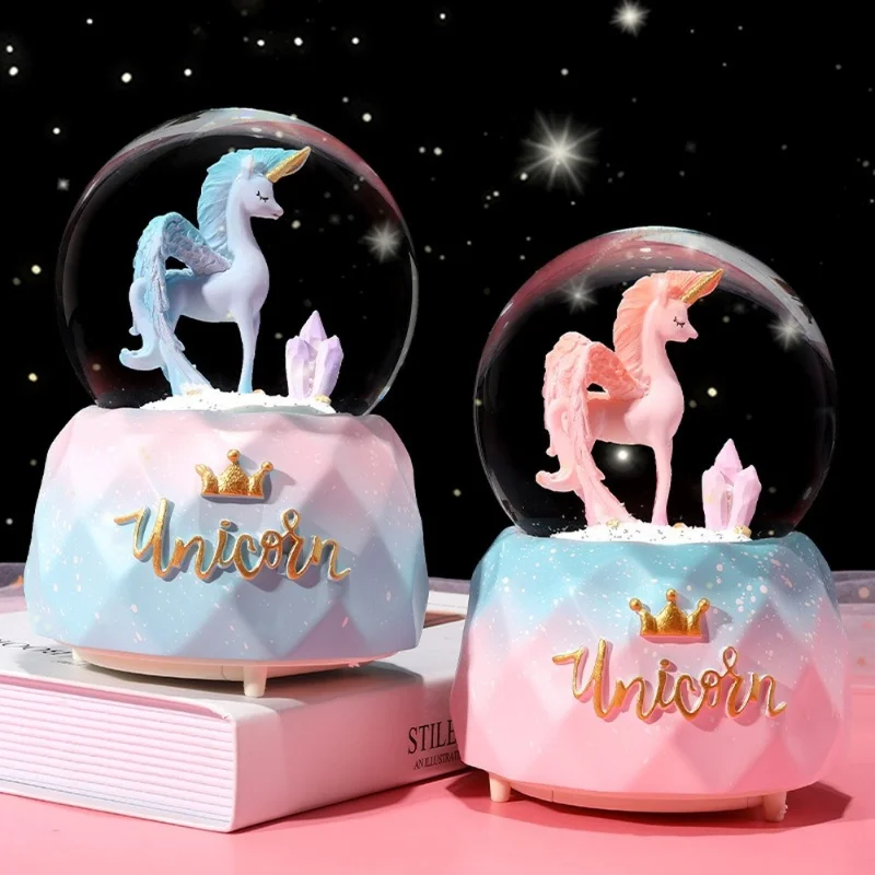 

Cute Girl Heart Flying Unicorn Crystal Ball Music Box To Send Children's Birthday Gift Glowing Snow with Music Carousel Navidad