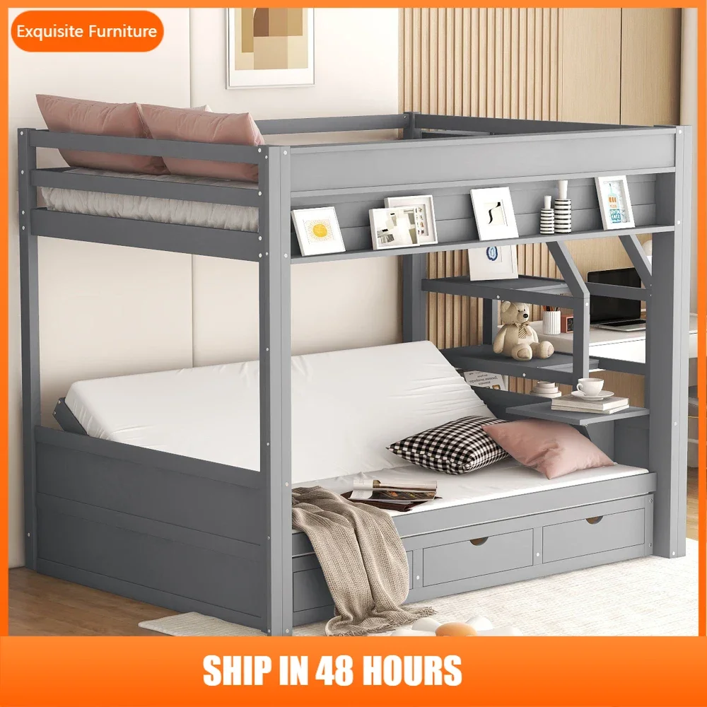 

Wood Full Size Convertible Bunk Bed with Storage Staircase, Bedside Table, and 3 Drawers, Gray