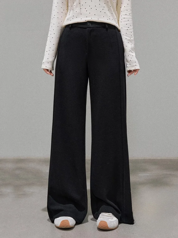 

Женские шерстяные брюки прямого кроя с высокой талией больших размеров Zhang Da, зимние, повседневные, корейский стиль, скрывающие недостатки фигуры, черные, модный комплект