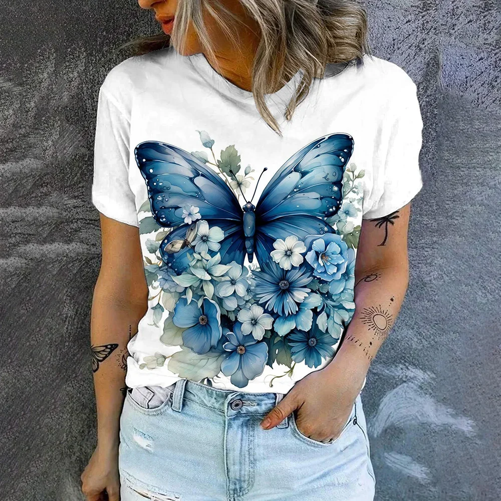 

Women's T-Shirt White Background butterfly Pattern Print T-Shirt Women's Leisure Short Sleeve T-Shirt 2024 Summer Popular T-Shir