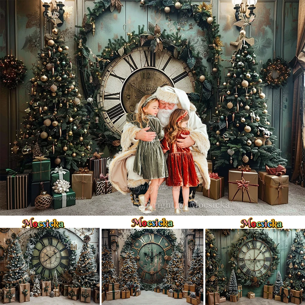 Green Christmas Photography Background Giant Clock Xmas Tree Gift Backdrop Decor New Year Family Home Party Photozone Studio