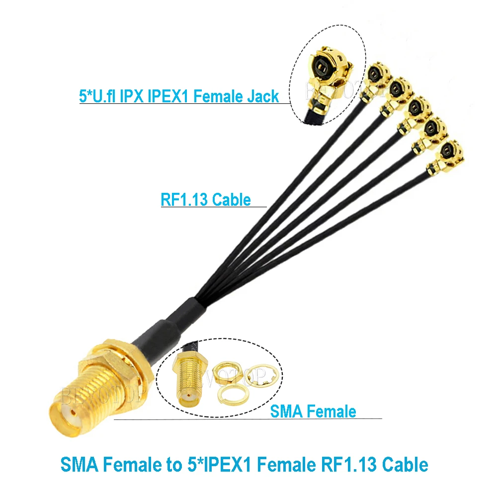 1PCS SMA to IPX Splitter RP-SMA / SMA Female to 5 x U.fl Female1 RF1.13 Cable WIFI Antenna Extension Jumper Pigtail BEVOTO