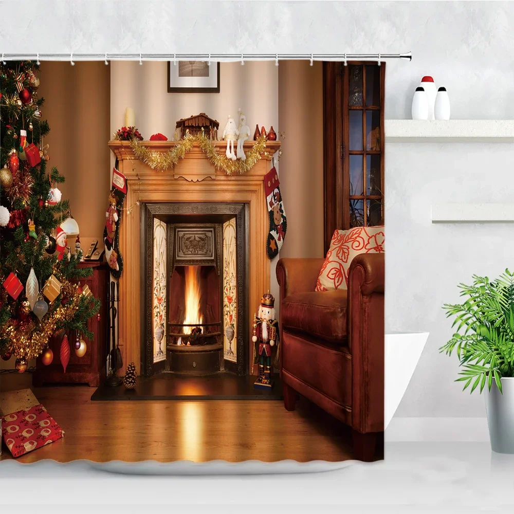 

FILMILIL Christmas Theme Shower Curtains Set European Style Xmas Tree Fireplace New Year Home Decor Bathroom Fabric Bath Curtain