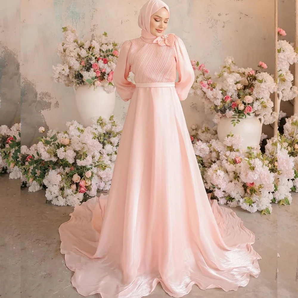 

Pink Wedding Dresses Hijab Bride High Neck Long Sleeve A-Line Flower Pleat Arabic Muslim Bridal Gown Customized robe de mariée