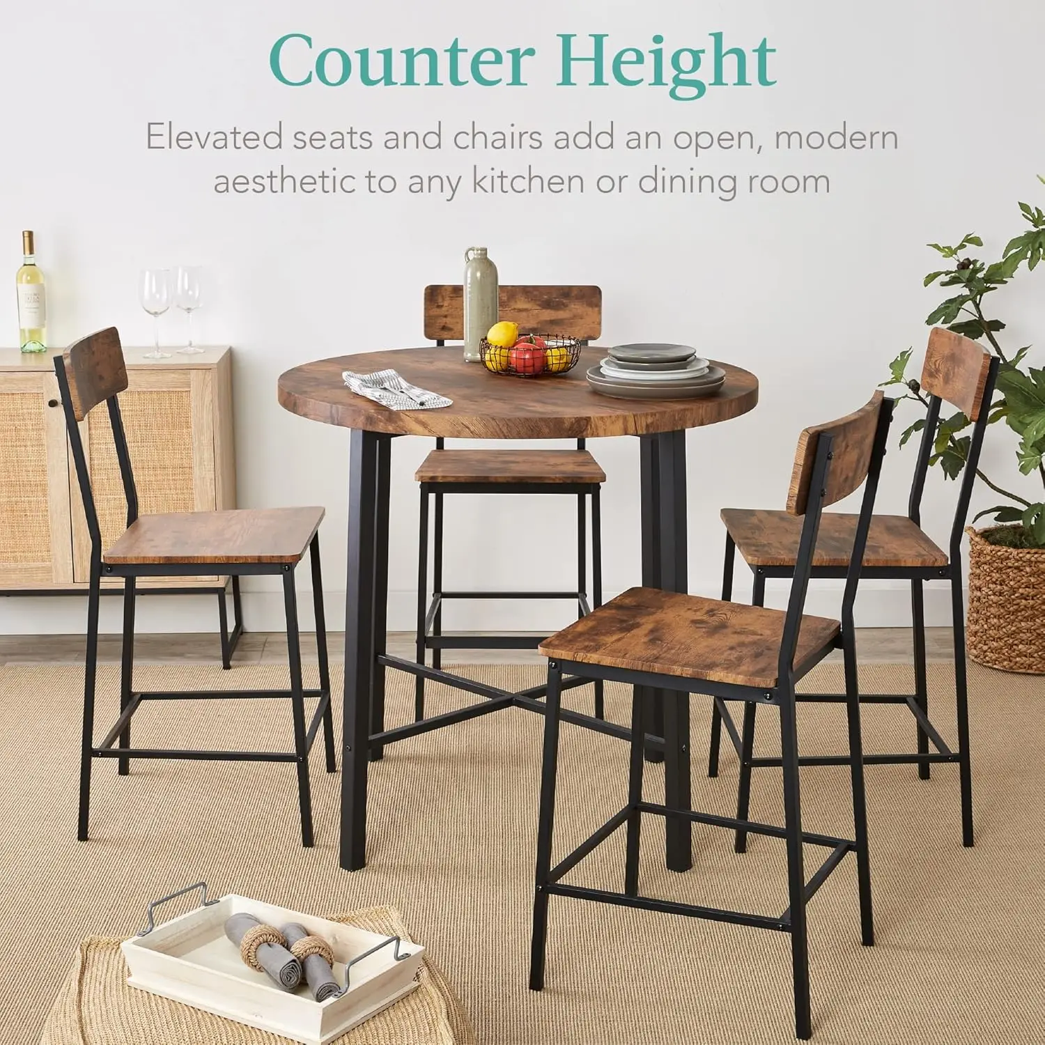 5-Piece 35.5In Modern Round Counter Height Dining Set For Home Kitchen, Dining Room W/ 4 Chairs, 1.5In Thick Table - Brown