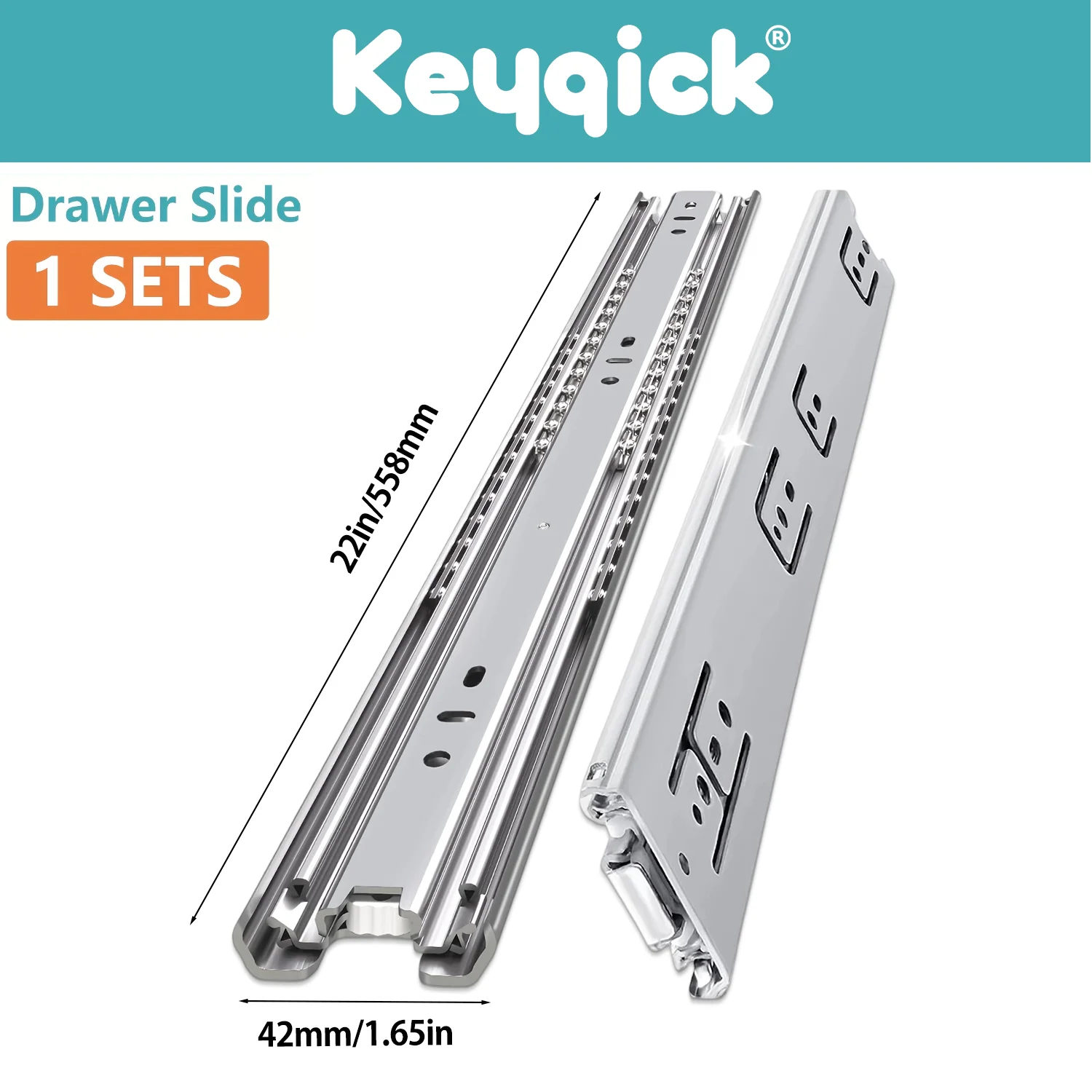KEYQICK Drawer Slides 1 Pair Full Extension Ball Bearing Side Mount Drawer Rails Heavy Duty Cabinet Drawer Runners for Kitchen Cupboard Dresser Storage Furniture Hardware