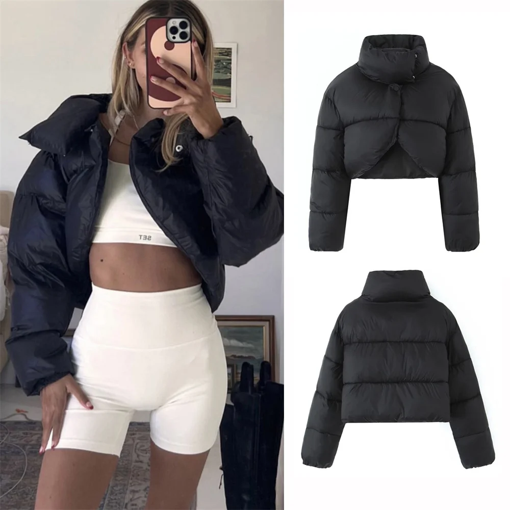 Autumn Winter Black Short Cotton Coat for Women Ultra Light Warm Thick Casual Stand Collar Jacket Streetwear