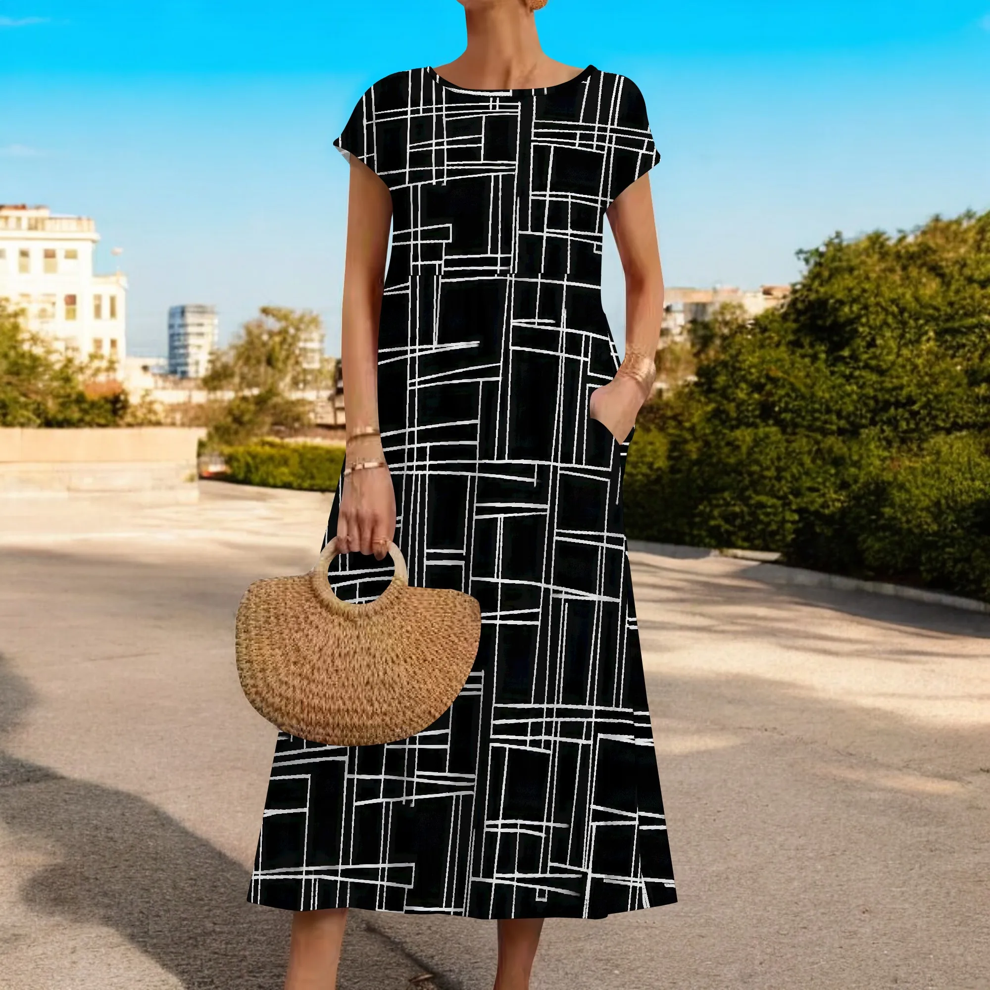 ชุดเดรสฤดูร้อนสําหรับผู้หญิงเสื้อยืดลําลองแขนสั้นเดรสสวิง Flowy Beach Sundress พร้อมกระเป๋า