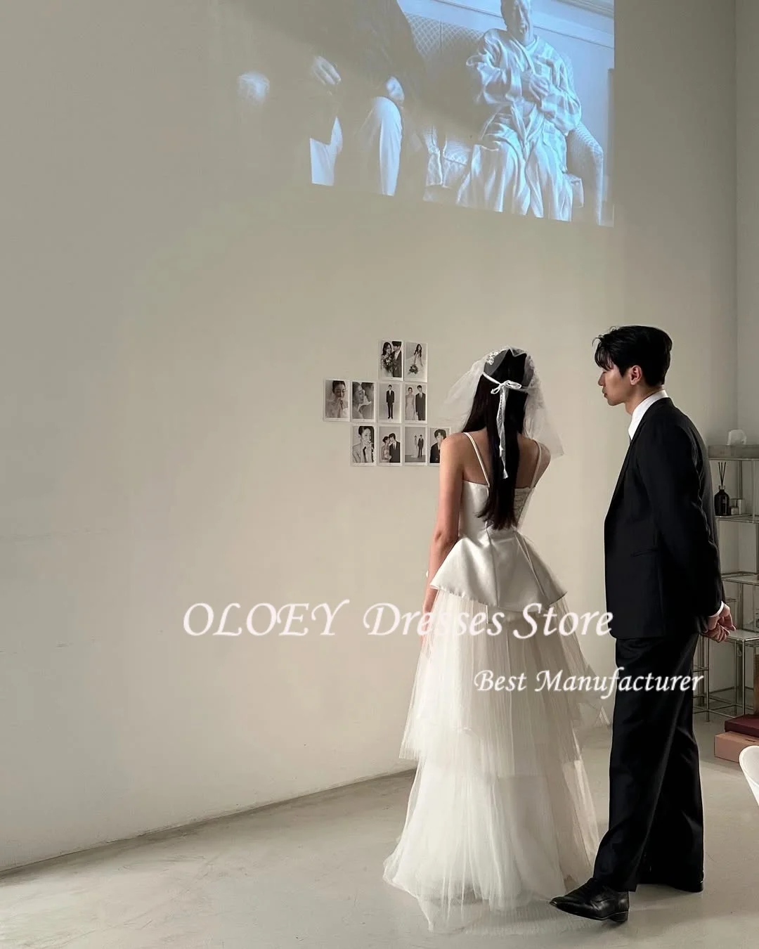 OLOEY Simple Straps Pleat A Line Tulle Ivory Tiered Sleeveless Bride Dresses A-Line Ruched Wedding Dresses 웨딩드레스 Customized