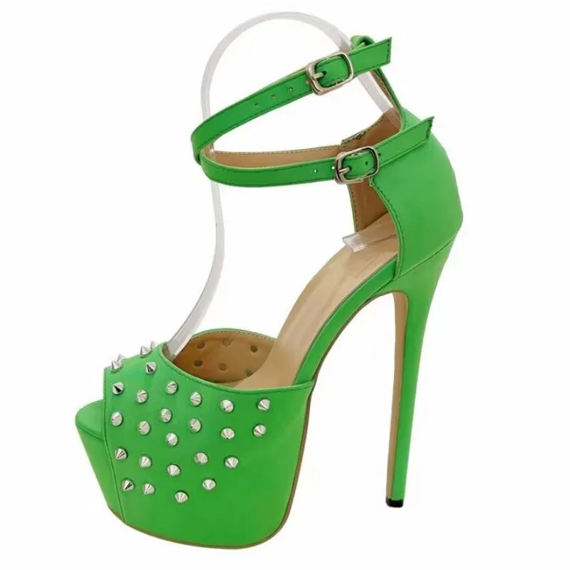 DIZHUANG Fashionable women's high-heeled sandals. Green matte leather sandals. About 15cm heel height. Fine heeled sandals.34-46