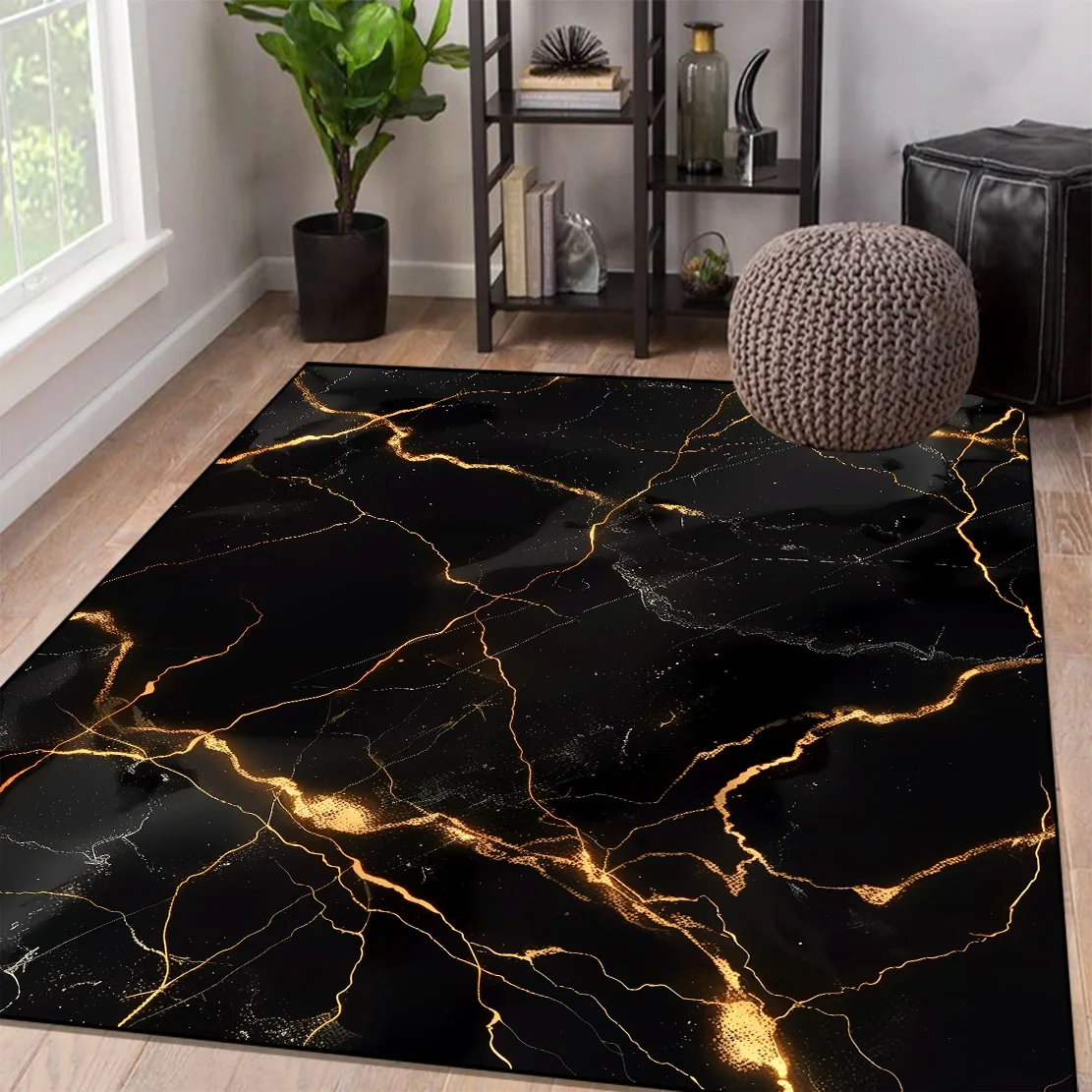 Light Luxury Marble Living Room Carpet Household Black Gold Decoration Coffee Table Rug Washable Bedroom Non-slip Soft Floor Mat