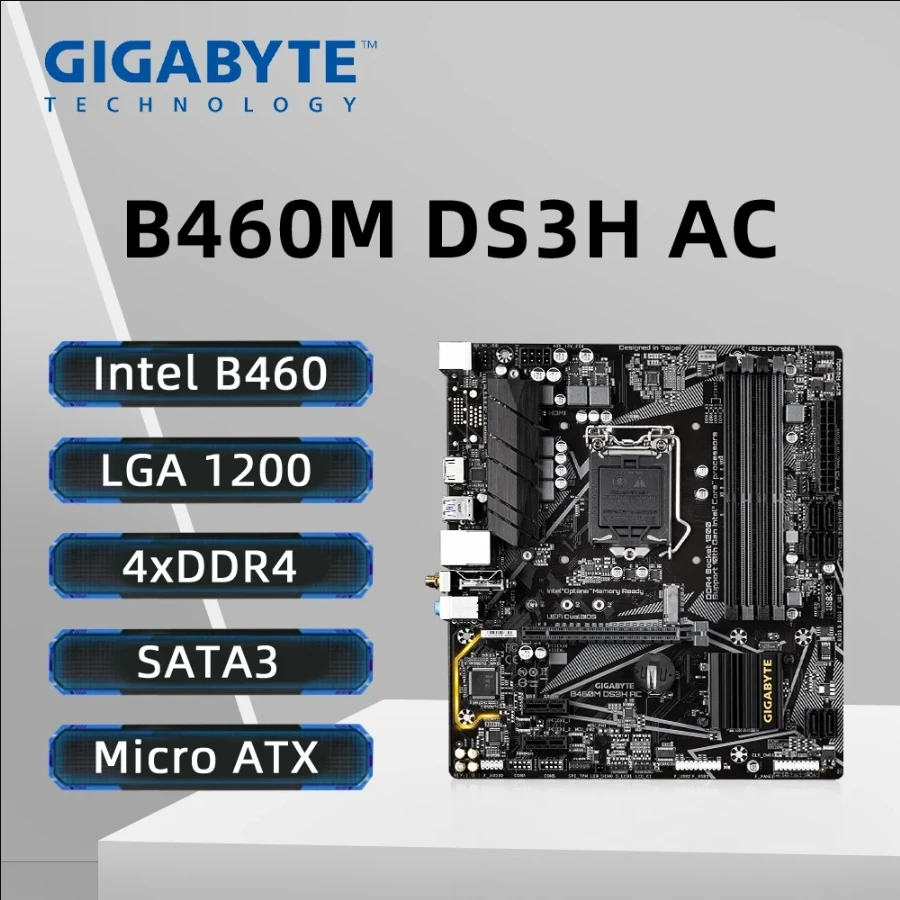 

Материнская плата GIGABYTE B460M DS3H AC LGA1200 4xDDR4 128 ГБ M.2 Поддержка процессоров Intel Core 10-го поколения i9-10900KF i7-10700K i5-10600