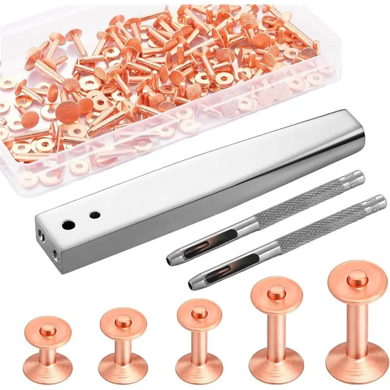 

【FITTING】Leather Rivet Kit With 100 Sets Copper Rivets And Burrs 9 And 12 Hole Punch Cutter For Belts Setter