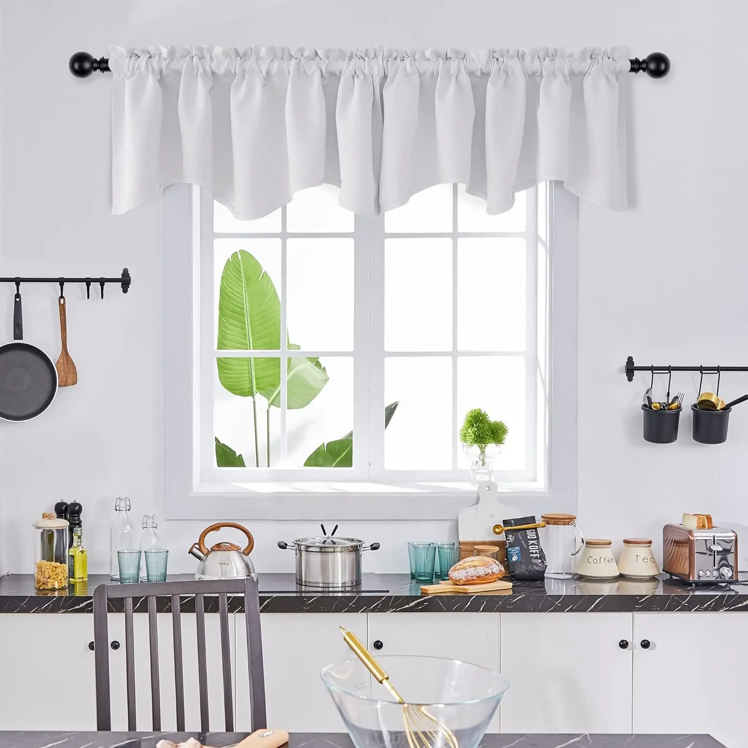 Greyish White Window Valance for Bedroom, Scalloped Valances for Living Room,Bathroom, Rod Pocket Kitchen Pelmet 42x18 Inch