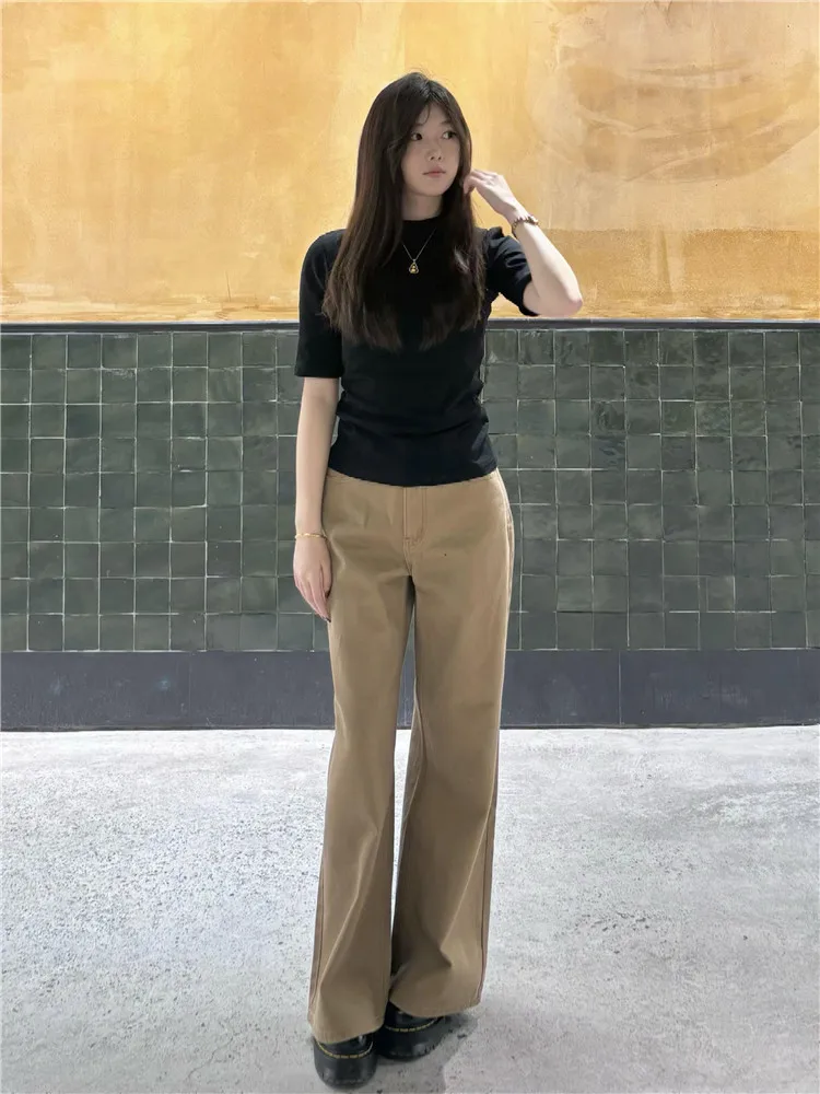 

Tall Women's Loose Fit Straight Leg Jeans Extended Length American Retro Latte Brown mid Low Waist Wide Leg Denim Pants