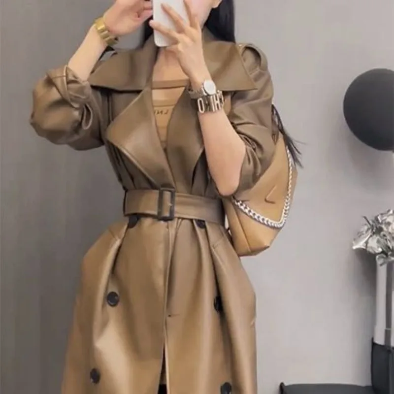 Senior Black Trench Coat Long Retro 2024 New Pu Leather Coat British Temperament Coat Loose and Thick Warm Simple Fashion