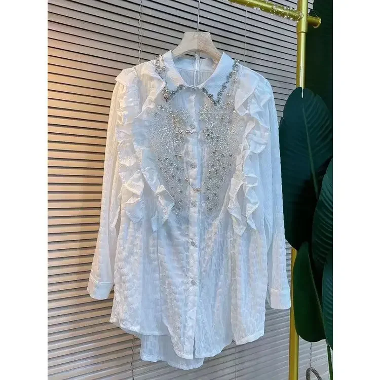 Spring Autumn Floral Lace Embroidery Diamonds Beaded Shirt Flowers Rhinestones Sequined Blouses Pearls Beaded Cardigan Crop Tops