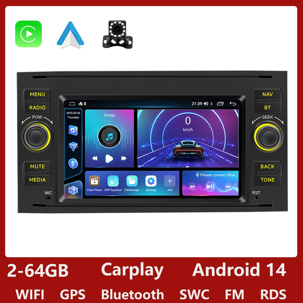 GEARELEC Android 14 Autoradio Carplay voor Ford Focus Transit Fiesta Galaxy Mondeo Fusion Kuga C-Max Carplay Draadloos Android Auto 7 Inch 2 Din Radio met GPS Bluetooth WiFi RDS FM MIC