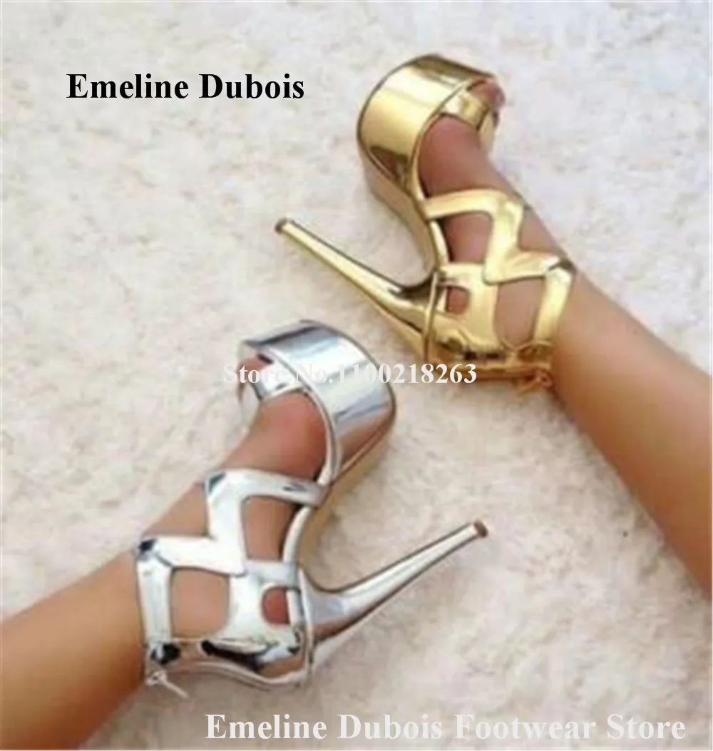 Summer Gold Silver High Platform Sandals Emeline Dubois Open Toe Straps Cross Caged Stiletto Heel Gladiator Sandals Party Heels