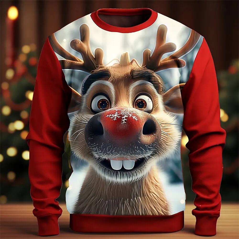 Christmas Men's Cute Animal 3D Print Sweatshirt Long Sleeve Pullover Crew Neck Unisex Funny New Year Crewneck Winter Spring Fall