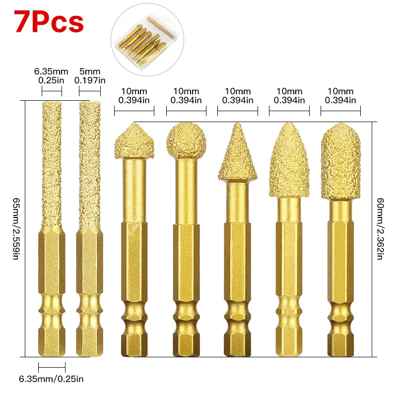 HUHAO 6mm Shank 7Pcs Brazed Diamond Grinding Head Set Coarse Sand For Stone/Ceramic/Grass Carving Polishing Burr Engraving Bits