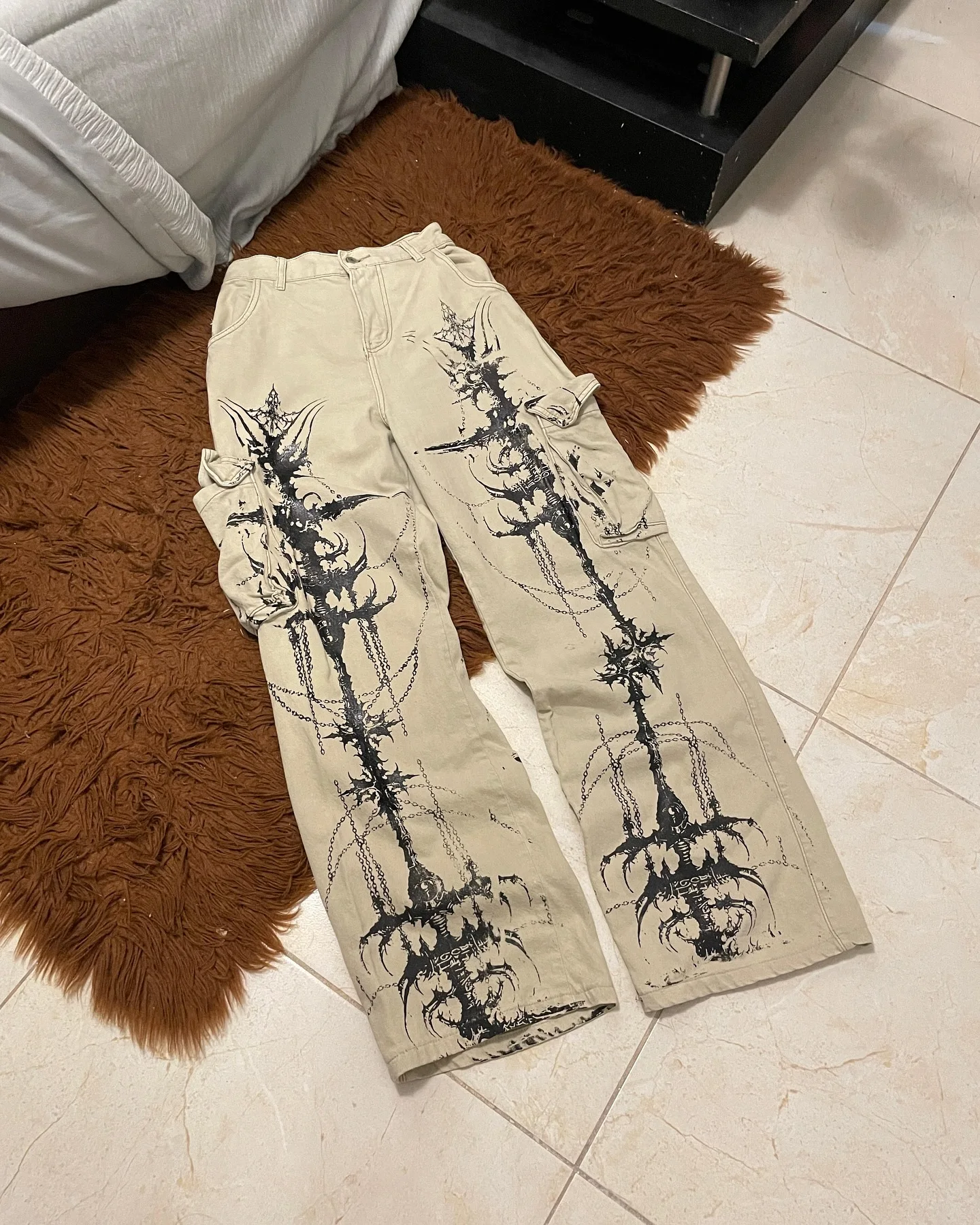 Y2K White Techwear Work Cargo Jeans Gothic Cross Angel Reflective Stripe Baggy Streetwear Unisex Hiphop Punk Style Joggers