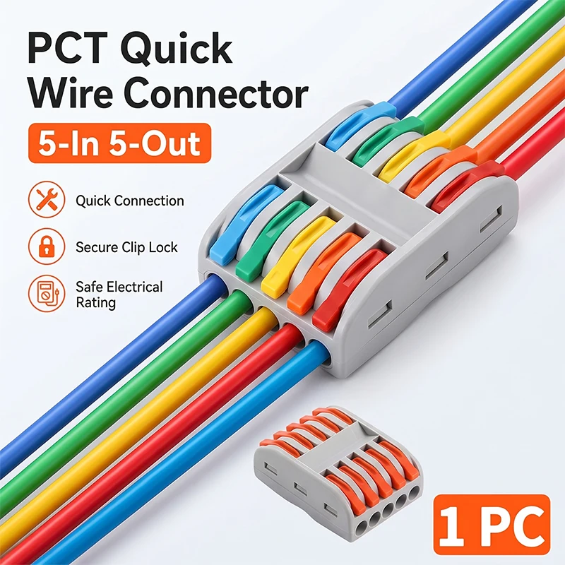 

PCT Mini Fast Wiring Cable Connectors 5 in 5 Out 2-Position Push-in Universal Compact Splitter Electrical Home Terminal Block