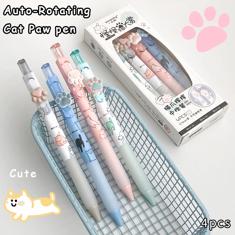 

4PCS Funny Kitty Black Gel Pens 0.5mm CS Dual-Ball Click Mechanism Study Office Sign Pens IG Style Rotating Cat Paw Cute Pens