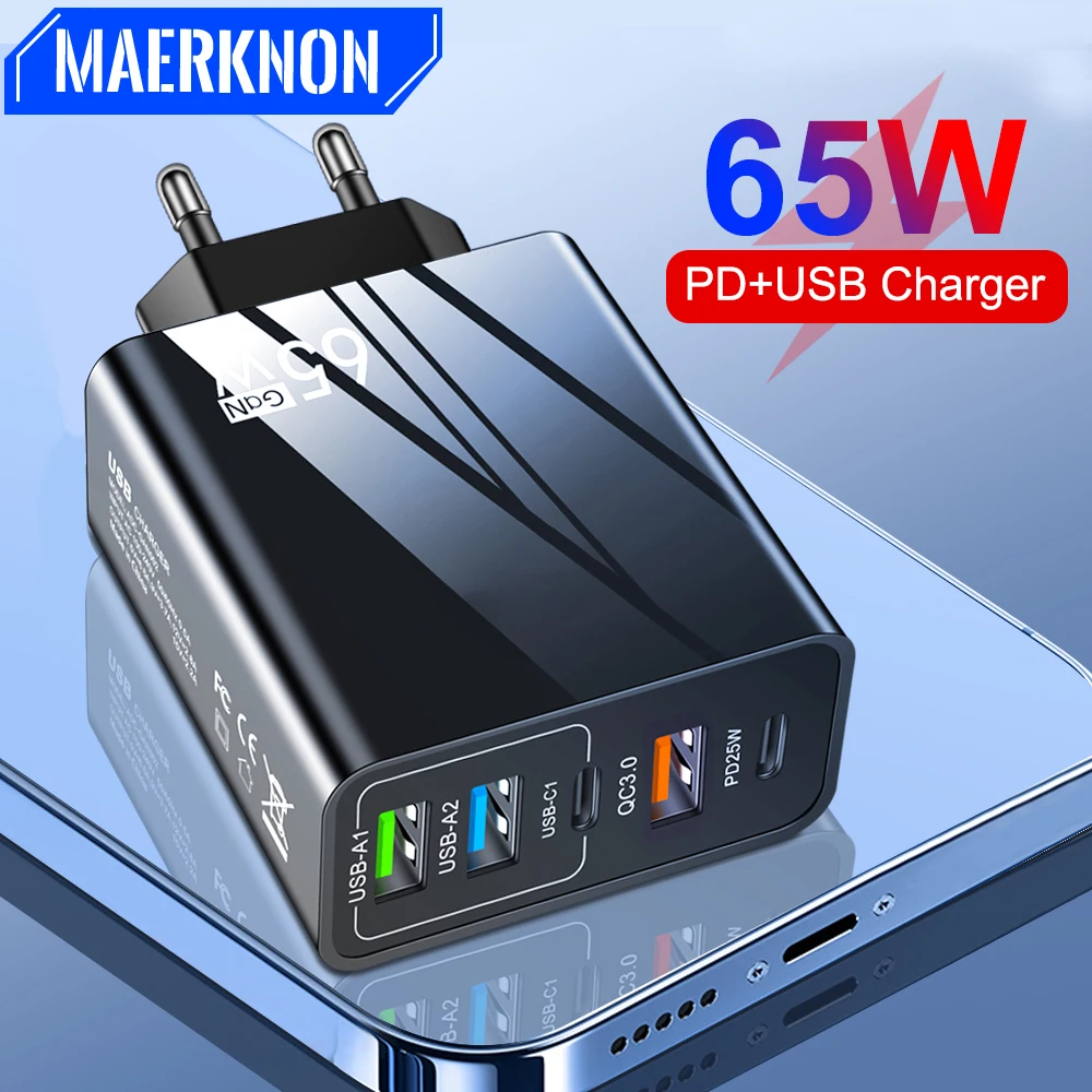 65W GaN 5 Ports USB Charger Fast Charging QC3.0 Travel Charger For iPhone 14 Samsung Xiaomi Mobile Phone Adapter EU US UK Plug