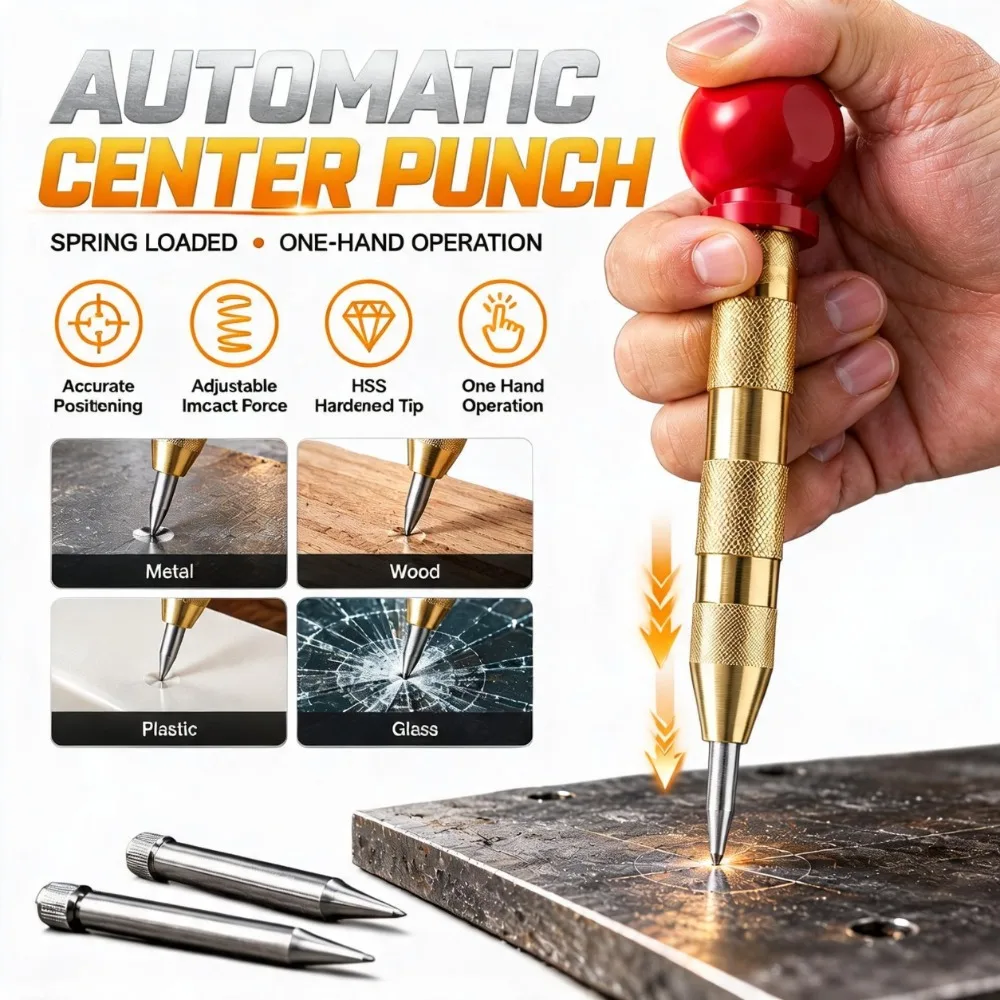 Punch Spring Loaded Center Pin HSS Automatic Adjustable Impact Force for Wood Metal Plastic Glass Breaking Tool Kit Home Use