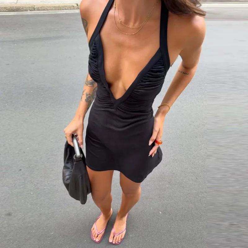 Hugcitar Damenmode V-Ausschnitt Einfarbiges Gerafftes Neckholder-Rückenfreies Schnür-Minikleid Sexy Sommerkleidung für Strand, Urlaub und Club – Detail 15