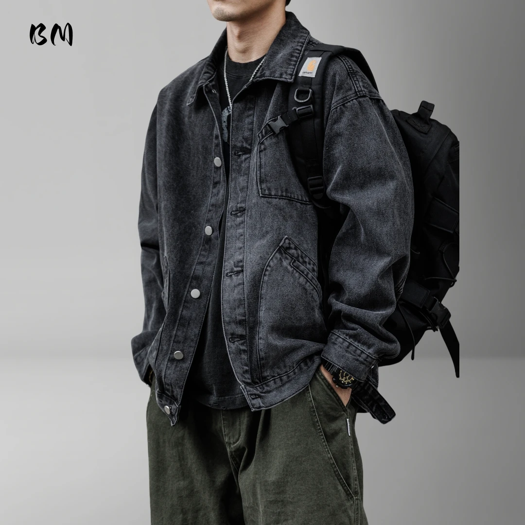 

Мужская винтажная тяжелая джинсовая куртка в японском стиле с потертым воротником с лацканами, классическое повседневное черное пальто на весну и осень