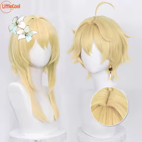 High Quality Traveler Cosplay Aether Lumine Cosplay Wig Blond Heat Resistant Synthetic Hair Anime Genshin Cosplay Wigs + Wig Cap