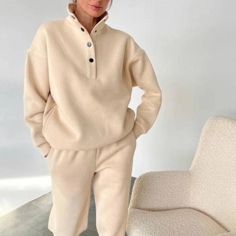 Women Long Sleeve Turtleneck Pullover Sweatshirt High Waist Pocket Straight-Leg Pants Suit 2023 Autumn Solid Color Two-Piece Set